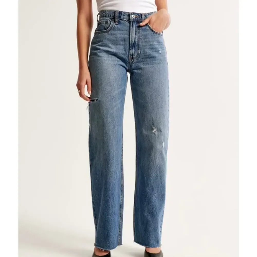 ABERCROMBIE The Loose High Rise Curve Love Jeans Slashed 25 Short - Picture 13 of 13